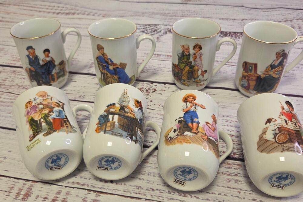 Norman Rockwell Coffee Mug Lot Set Vintage Porcelain Gold Trim 8 Pc